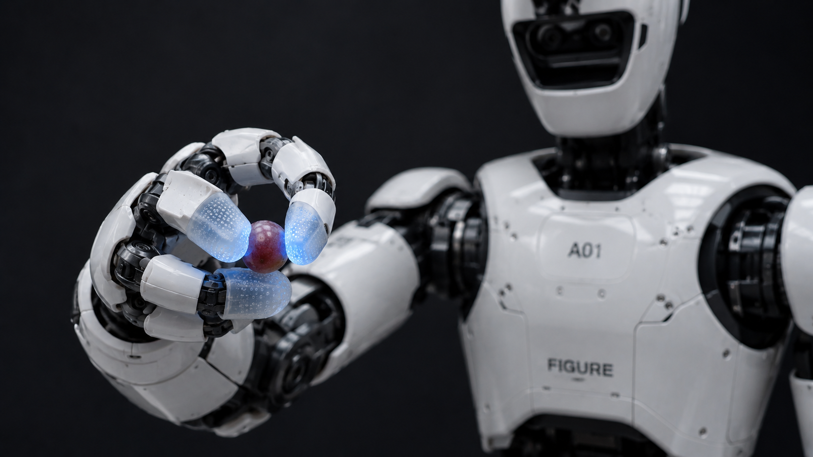 Close-up of a robotic hand with tactile sensor pads grasping a delicate glass marble, showing precise grip pressure