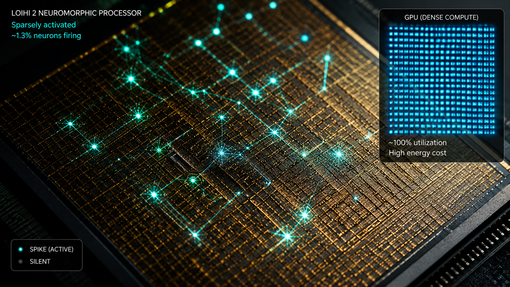 Neuromorphic chip die with sparse spiking neural network visualization overlaid - most neurons dark, a few firing in teal