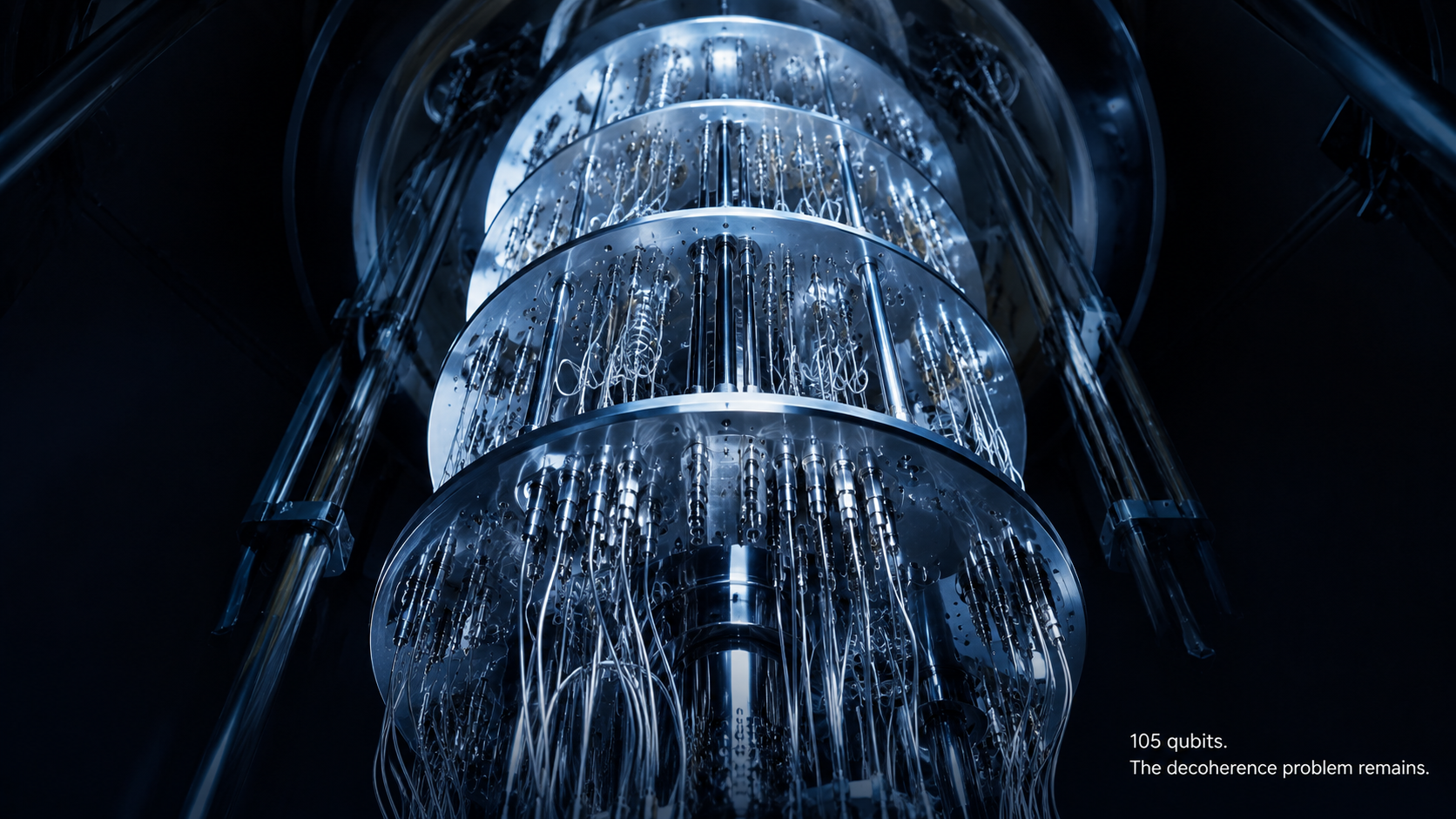 A dilution refrigerator cryostat shot from below - cold blue-silver layers receding upward, fragile and precise